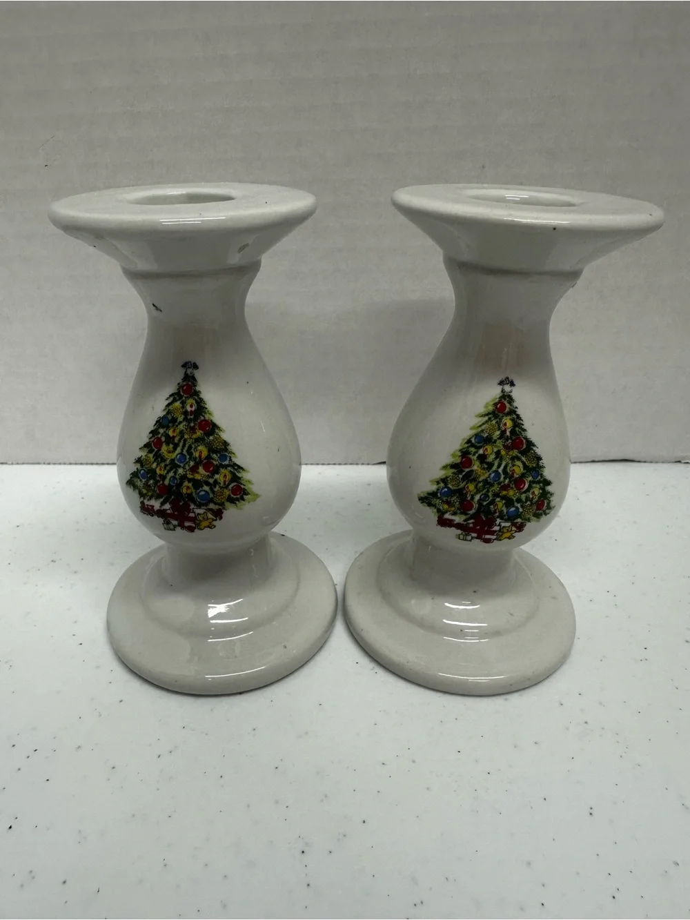 Vintage Christmas Tree Ceramic Candle Holders Set of 2 White Holiday Decor
